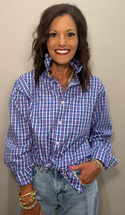 Pink/Blue Plaid Ruffle Collar Button Down