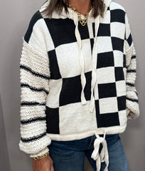 Black & White Checkered Oversized Pullover w/ Hoodie