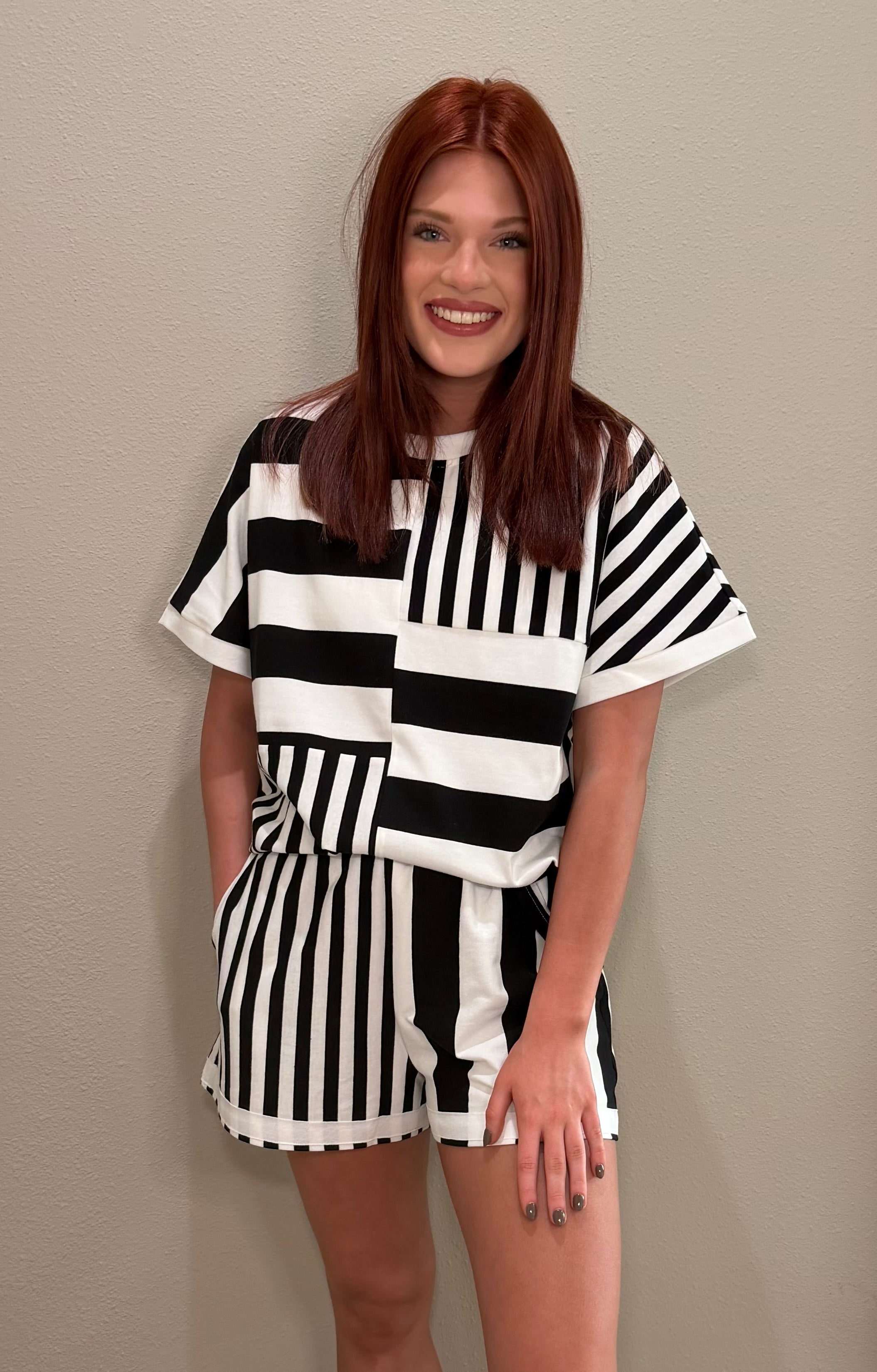 Drop Shoulder Stripe Mix Match Short Set