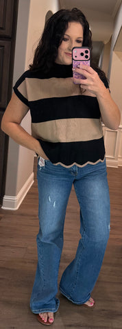 Black/Taupe Stripe Oversized Sweater Vest Top w/ Scalloped Hem