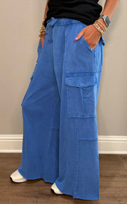 Blue Mineral Washed Wide Leg Terry Cargo Pants