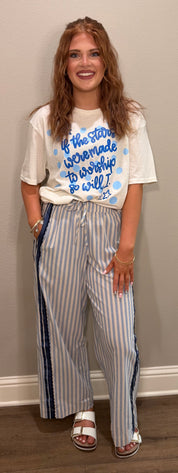 Light Blue/Navy Striped Elastic Waist Pant w/ Lace Trim Details