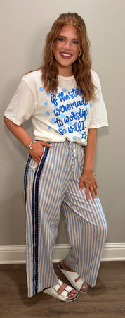 Light Blue/Navy Striped Elastic Waist Pant w/ Lace Trim Details