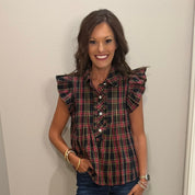 Navy Plaid Ruffle Sleeve Top