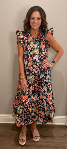 Navy Floral Printed Midi Dress