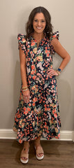 Navy Floral Printed Midi Dress