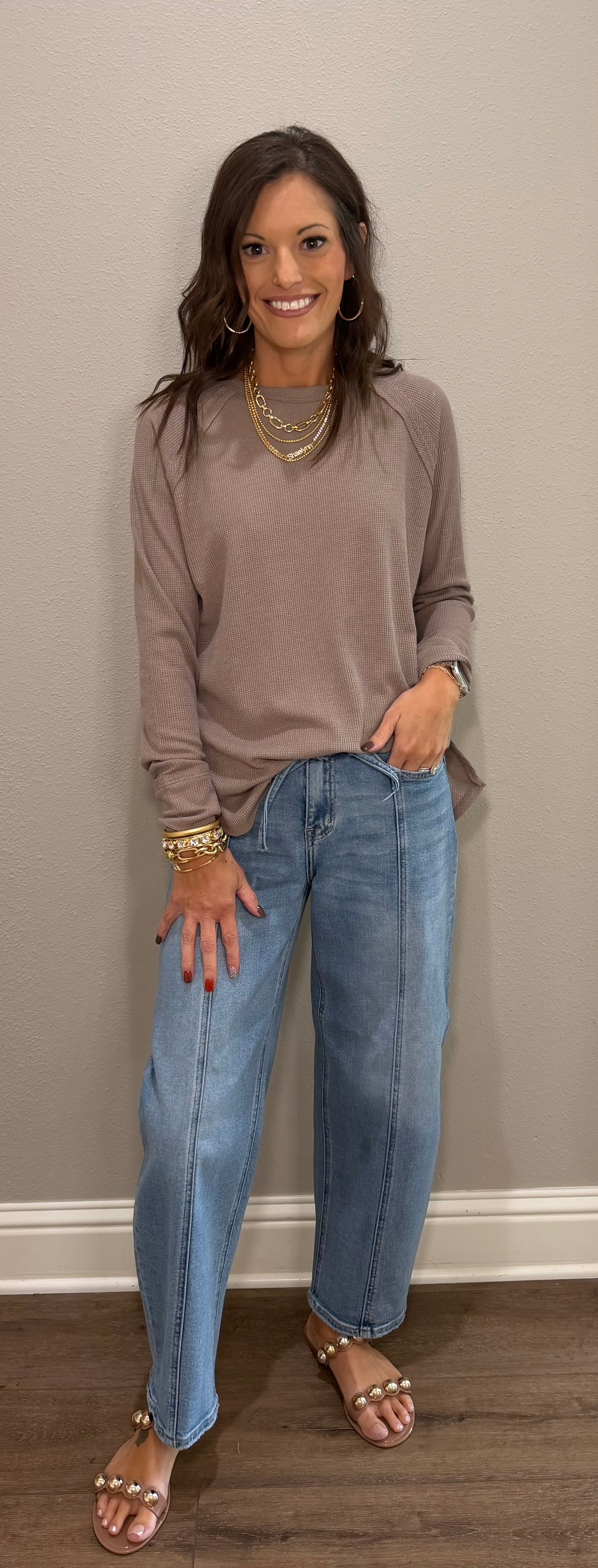 Rounded Hem w/ Side Slit Baby Waffle Longer Basic Top