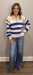 Cobalt Blue & Cream Stripe Collared Sweater Top