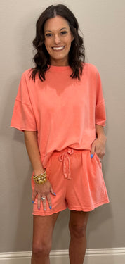 Coral Mineral Washed Knit Short Set