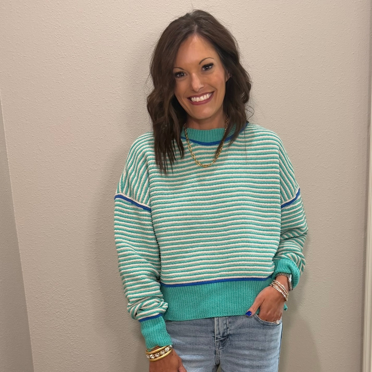 Sea Foam Striped Knit Sweater