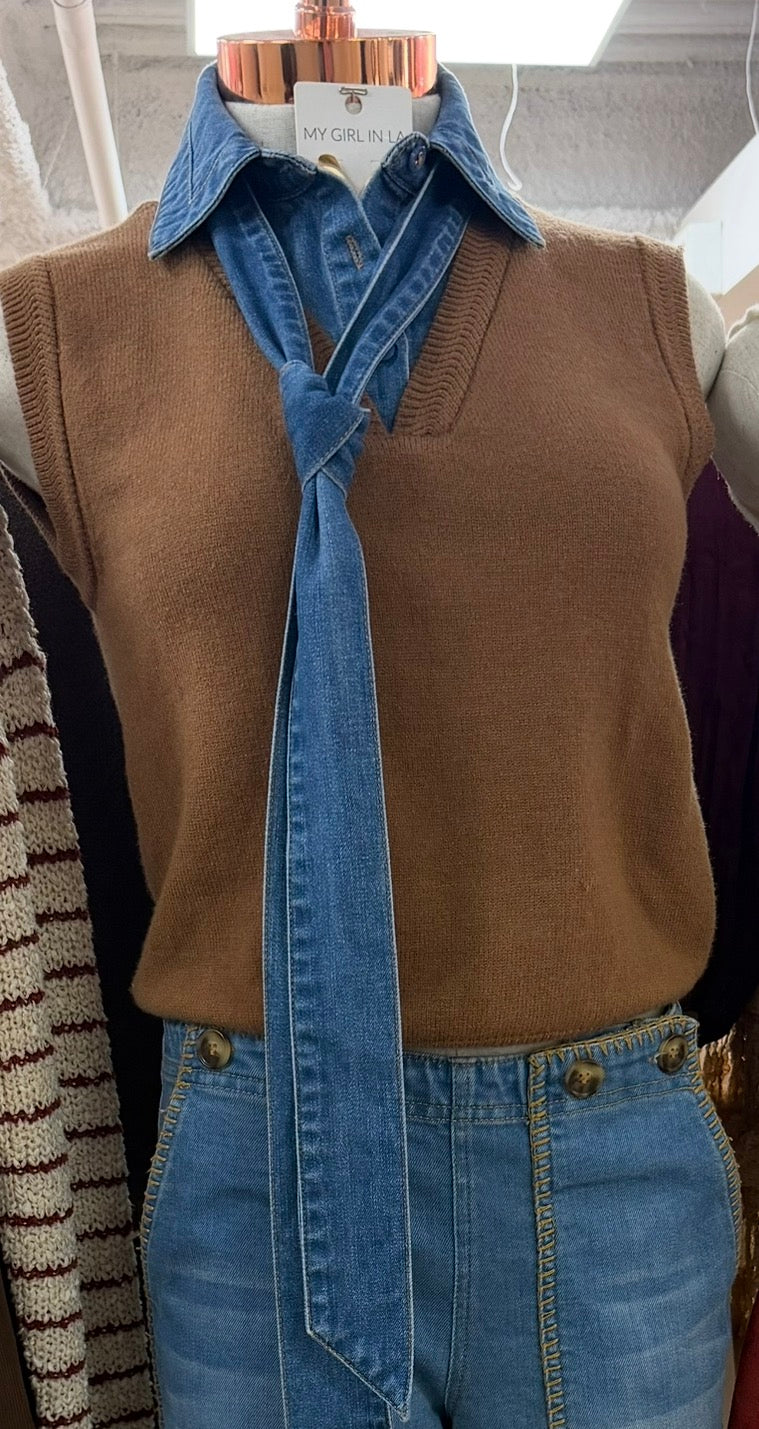 Denim Tie Neck Sleeveless Knit Top