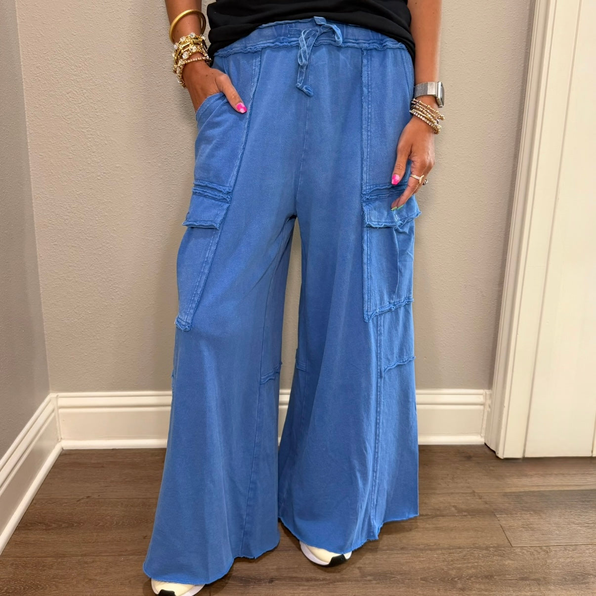 Blue Mineral Washed Wide Leg Terry Cargo Pants