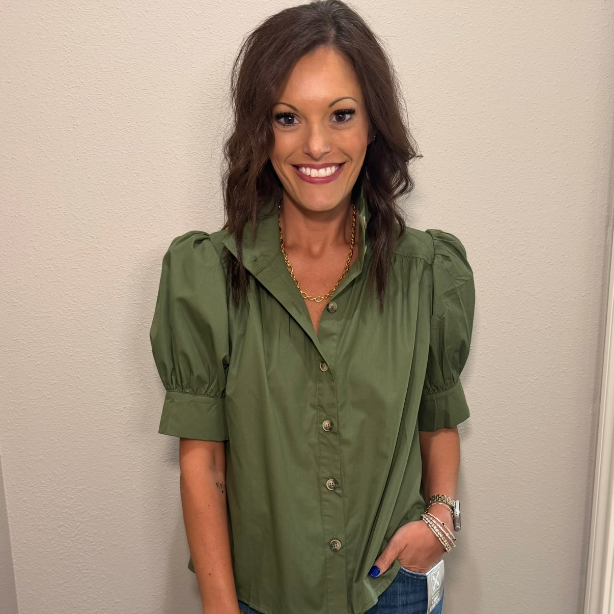 Olive Short Sleeve Puff Button Down Top