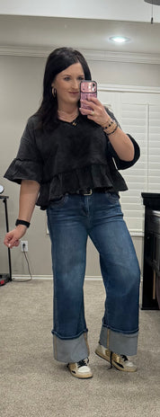 Mineral Washed Ruffle Detail Knit Top - 2 COLORS