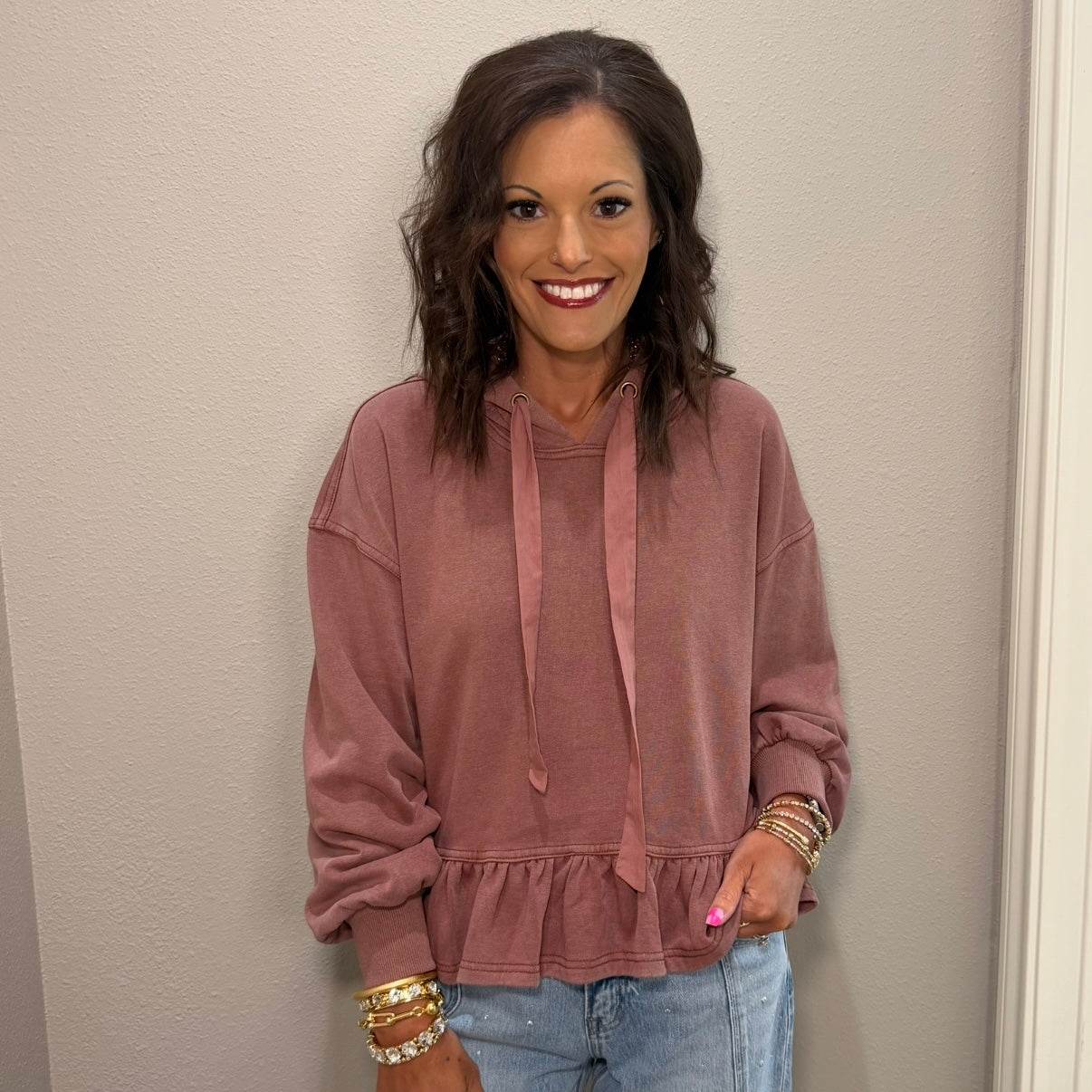 Toasted Walnut Mineral Washed Ruffle Hem Hoodie