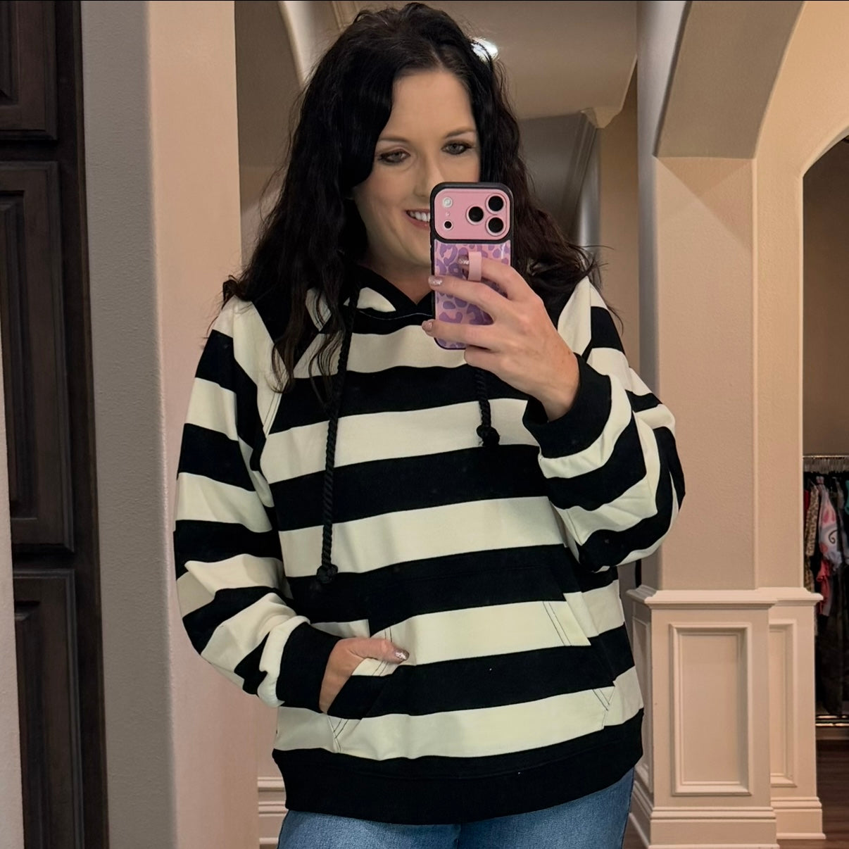 Black & Cream Stripe Hooded Pullover