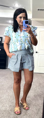 Blue Multi Floral Top w/ Flutter Sleeve