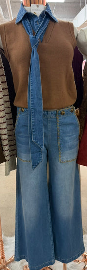 Denim Tie Neck Sleeveless Knit Top