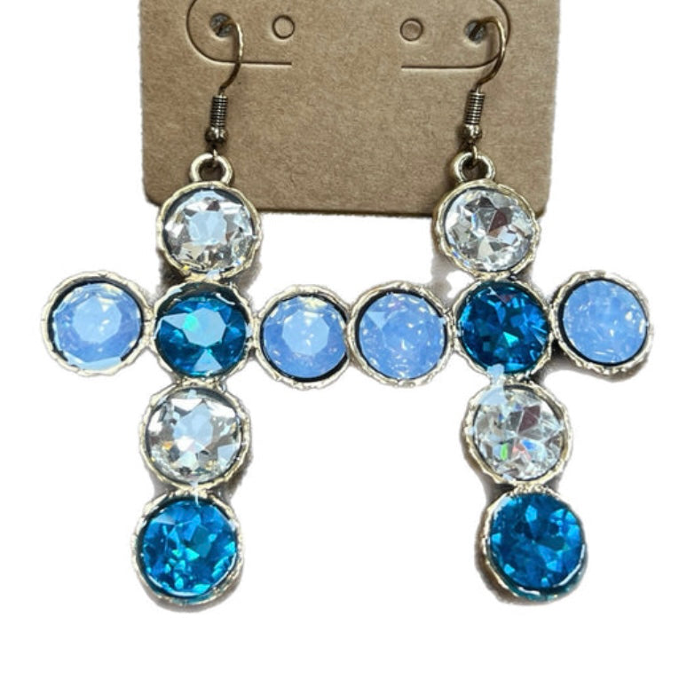 Blue Mix Crystal Cross Earrings
