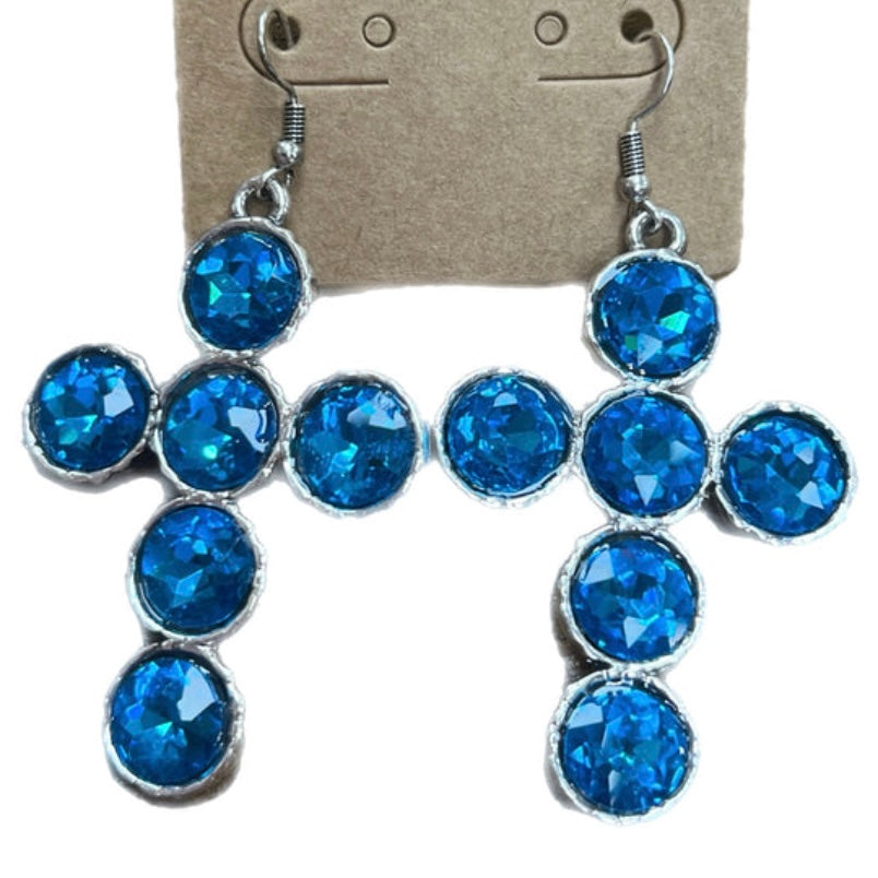 Blue Crystal Cross Earrings
