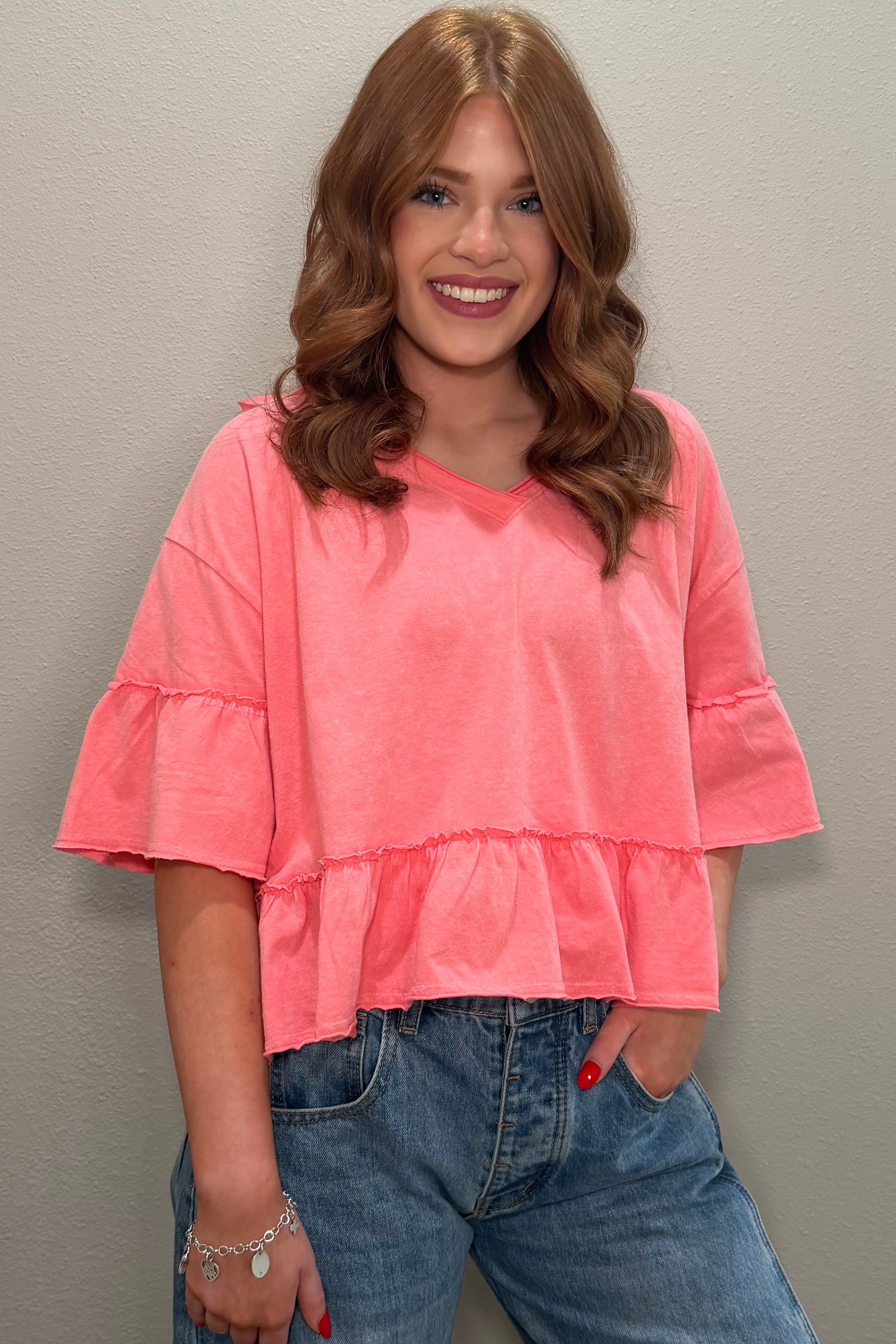 Mineral Washed Ruffle Detail Knit Top - 2 COLORS