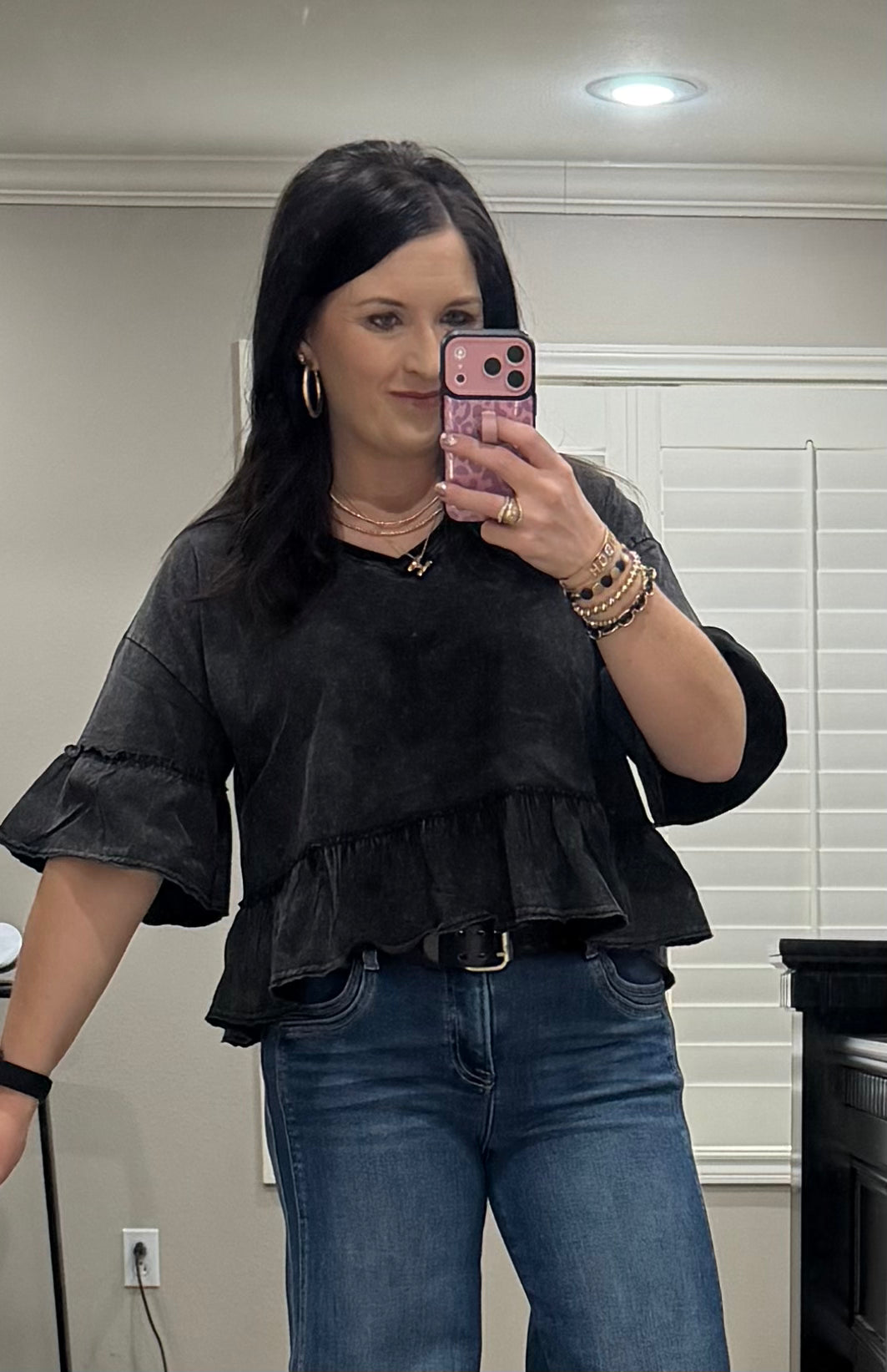 Mineral Washed Ruffle Detail Knit Top - 2 COLORS