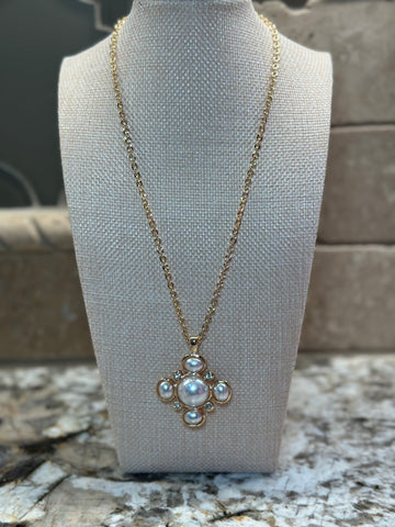 Gold Pearl & Crystal Cross Chain Necklace