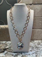 Gold Chain Necklace w/ Round Crystal Pendant