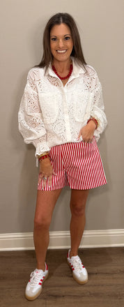 White Cotton Eyelet Button Down Top