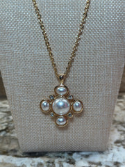 Gold Pearl & Crystal Cross Chain Necklace