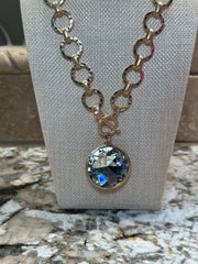 Gold Chain Necklace w/ Round Crystal Pendant