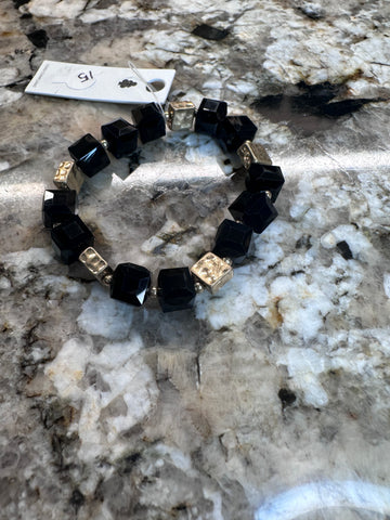 Black & Gold Square Bead Stretch Bracelet
