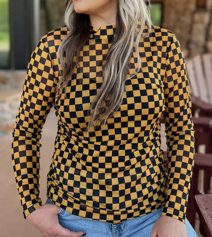Gold & Black Checkered Long Sleeve Mesh
