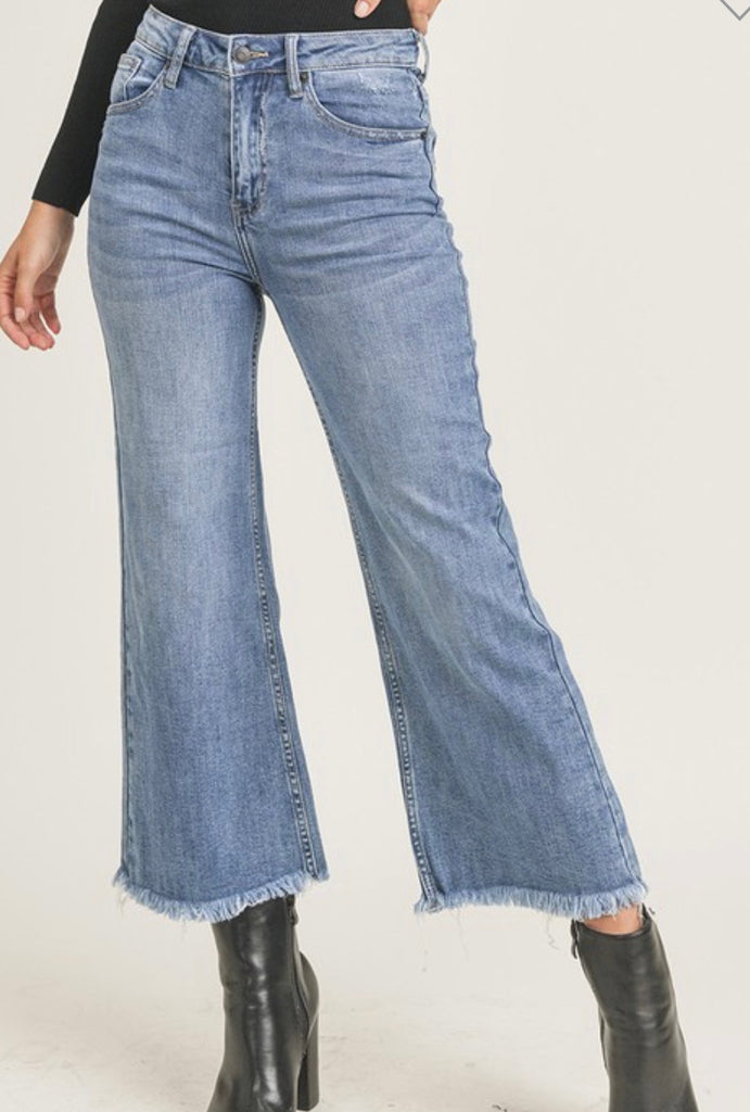 High Waisted Wide Leg Cropped Jeans - Medium Wash