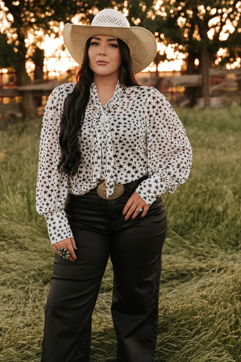Tiny Star Mesh Tie Button Down Top