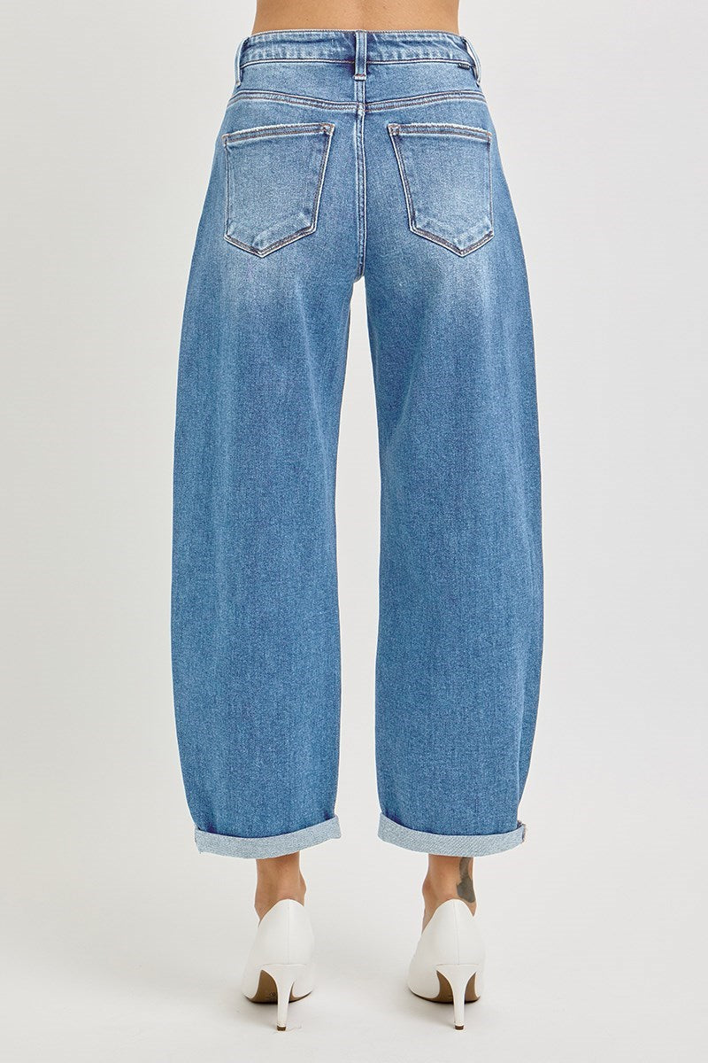 Risen High Rise Crop Mild Barrel Cuffed Jeans - Medium Wash