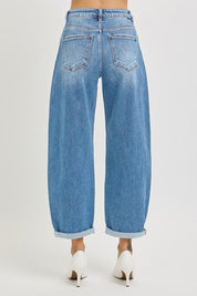 Risen High Rise Crop Mild Barrel Cuffed Jeans - Medium Wash