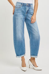 Risen High Rise Crop Mild Barrel Cuffed Jeans - Medium Wash