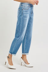 Risen High Rise Crop Mild Barrel Cuffed Jeans - Medium Wash