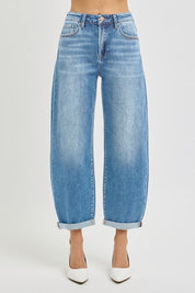 Risen High Rise Crop Mild Barrel Cuffed Jeans - Medium Wash