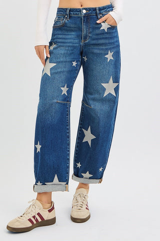 Risen Dark Wash Relaxed Fit Ankle Barrel Jean w/ Star Prints