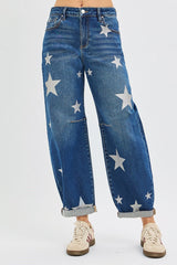 Risen Dark Wash Relaxed Fit Ankle Barrel Jean w/ Star Prints