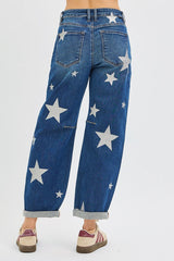 Risen Dark Wash Relaxed Fit Ankle Barrel Jean w/ Star Prints