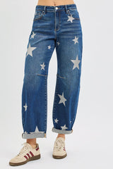 Risen Dark Wash Relaxed Fit Ankle Barrel Jean w/ Star Prints