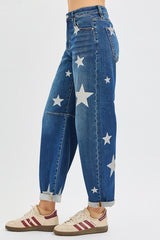 Risen Dark Wash Relaxed Fit Ankle Barrel Jean w/ Star Prints
