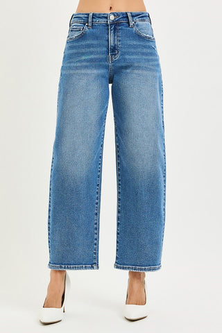 Risen High Rise Cropped Barrel - Medium Wash