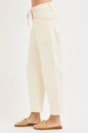 Risen Cream Slouchy Crop Barrel Leg Pant w/ Rope Tie
