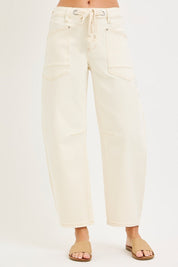 Risen Cream Slouchy Crop Barrel Leg Pant w/ Rope Tie