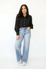 Black Button Down w/ Puff Sleeves