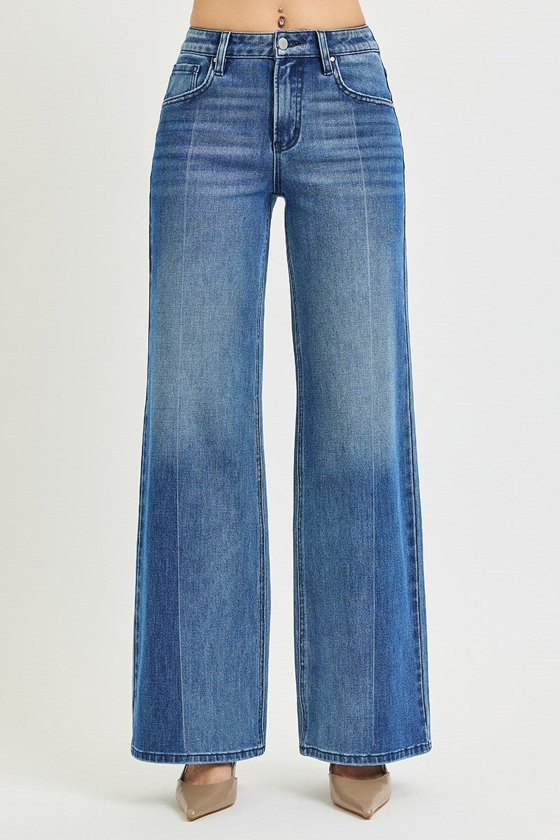 Risen 4way Stretch High Rise Wide Leg Jeans - 2 Tone Wash